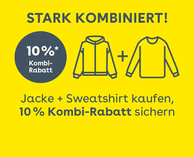 Gelbes Aktionsbanner mit Hinweis auf 10 Prozent Rabatt beim Kauf von Jacke und Sweatshirt, dargestellt mit Symbolgrafiken