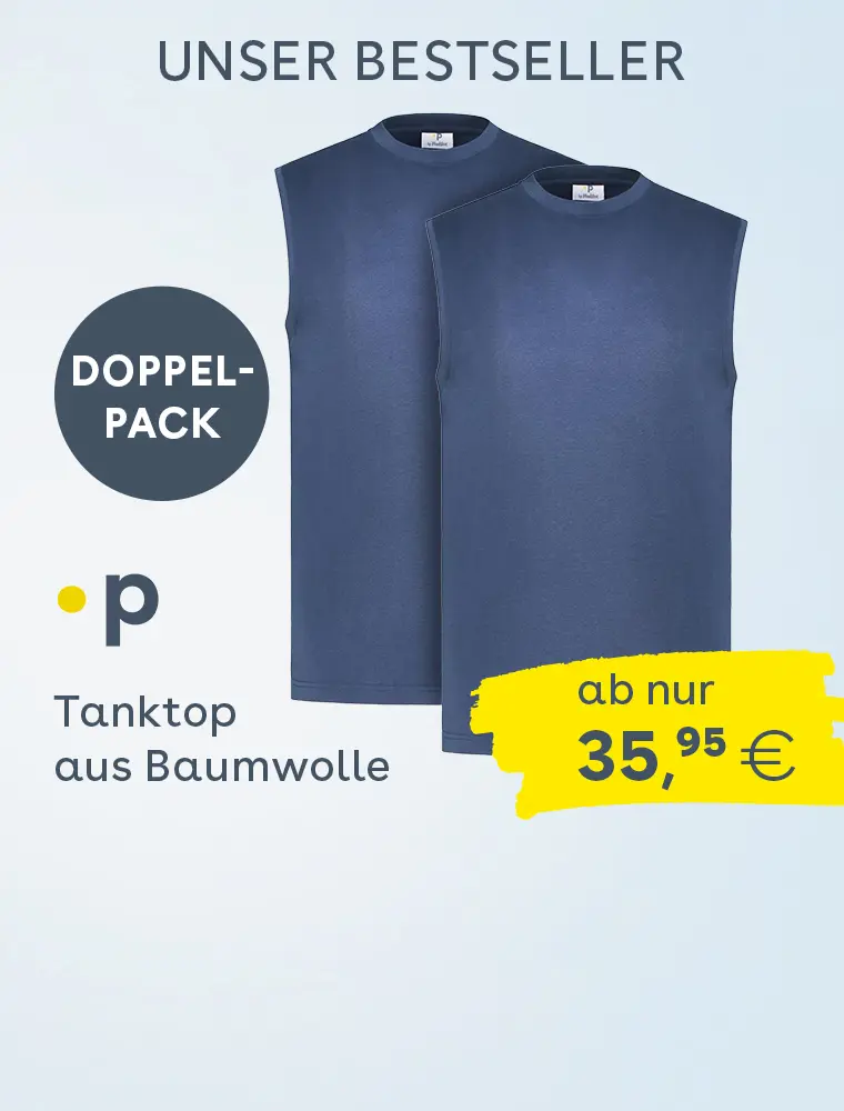 Blaues Pfundskerl Baumwoll-Tanktop im Doppelpack, Bestseller-Angebot ab 35,95 Euro.
