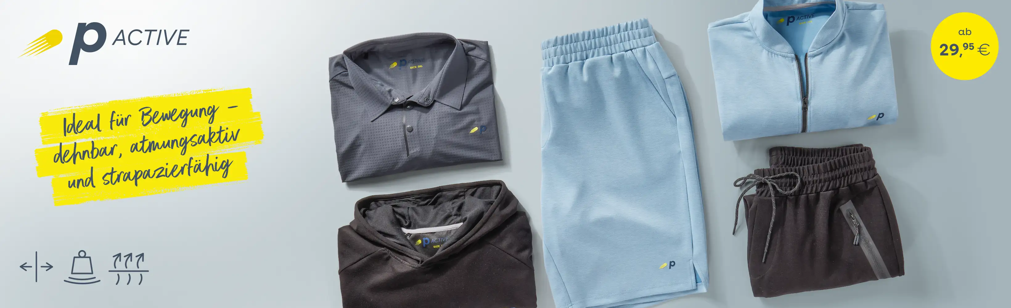 Sportliche Herrenmode in großen Größen von P Active mit Poloshirt, Hoodie, Shorts und Sweatjacke