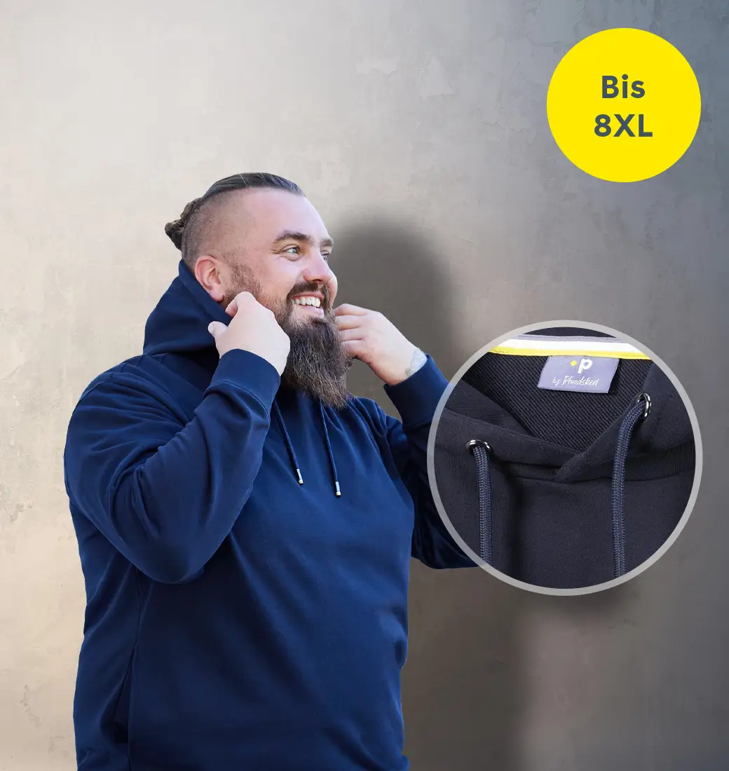 Detailaufnahme eines Hoodies in großen Größen mit Kapuze und Kordelzug für bequemen Sitz und sportlichen Stil.