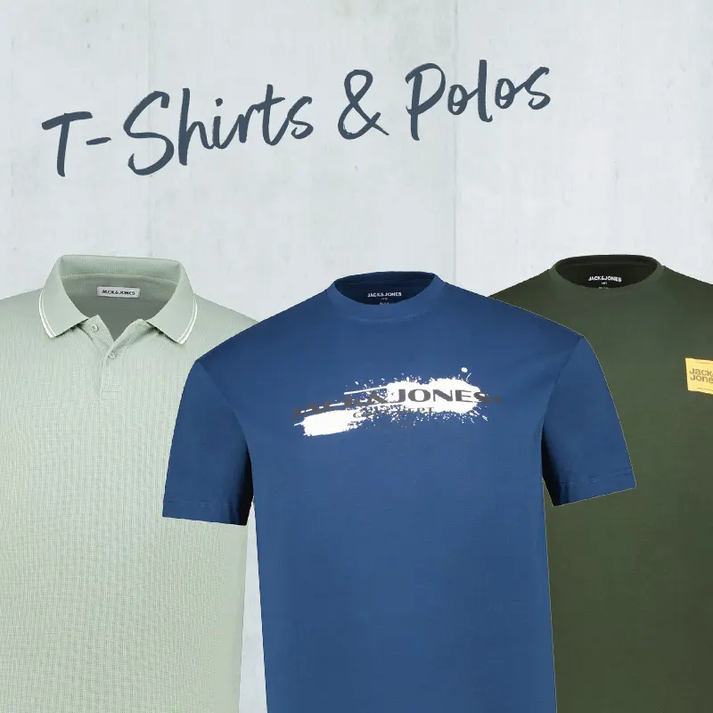 Drei Jack & Jones Oberteile in Übergröße: grünes Poloshirt, blaues Printshirt und olivgrünes T-Shirt mit Logo – perfekt für Alltag und Freizeit.
