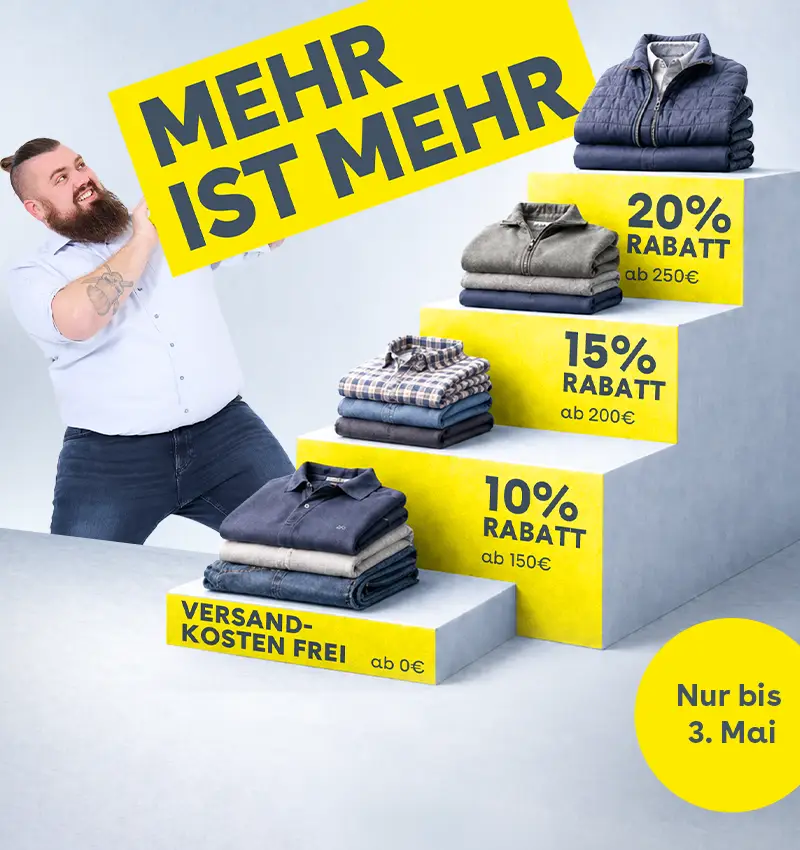Pfundskerl Staffelrabatt für starke Männer mit Mode in großen Größen, gelbem Aktionsschild und Rabattstufen bis 20 Prozent.