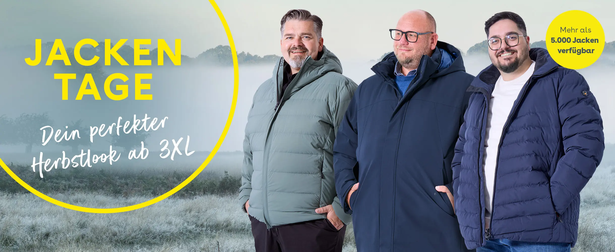 Drei Männer in verschiedenen Herbstjacken für große Größen bis 10XL