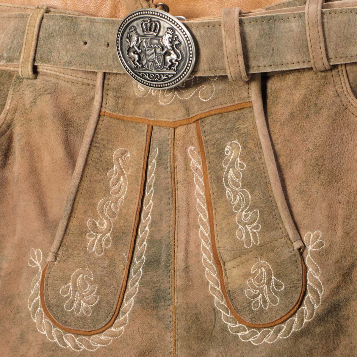 Pfundskerl Kurze Lederhose mit Stickereien und Gürtel mittelbraun