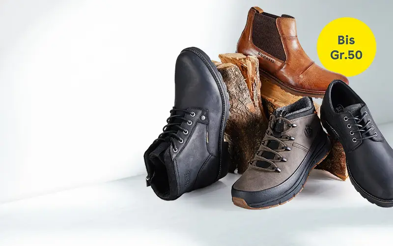 Herren-Schuhe in großen Größen bis 50 – robuste Boots und elegante Halbschuhe.