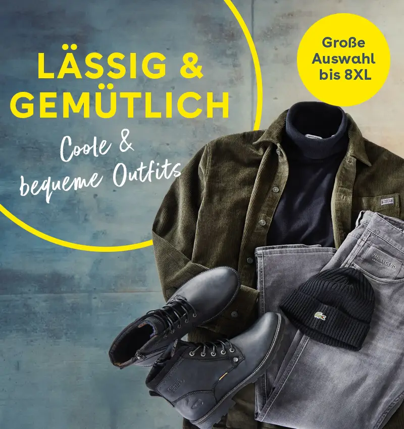 Lässiges Herren-Outfit in großen Größen bis 8XL mit Hemd, Jeans, Boots und Mütze.