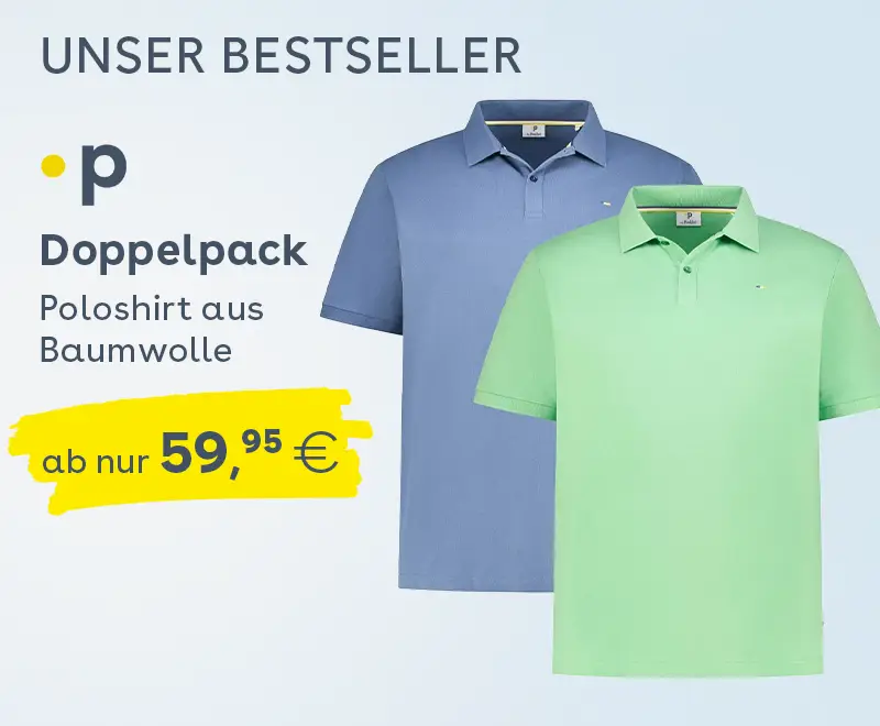 Bestseller-Grafik mit zwei Baumwoll-Poloshirts im Doppelpack in Blau und Grün, ab 59,95 Euro