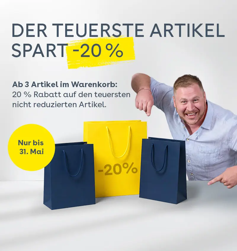  Pfundskerl Rabattaktion: Ab 3 Artikeln sparst Du 20 Prozent auf den teuersten Artikel bis 31. Mai.