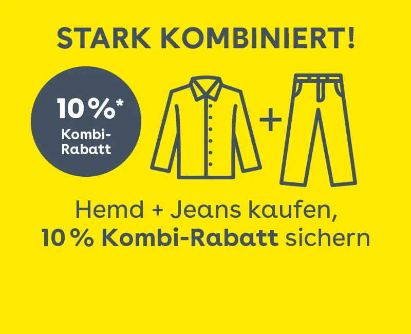 Gelbes Aktionsbanner mit Hinweis auf 10 Prozent Rabatt beim Kauf von Hemd und Jeans kombiniert, dargestellt mit Symbolgrafiken