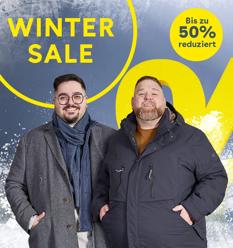 Zwei starke Männer in Winterjacken und Mänteln in großen Größen, Winter Sale bei Pfundskerl mit bis zu 50 Prozent Rabatt