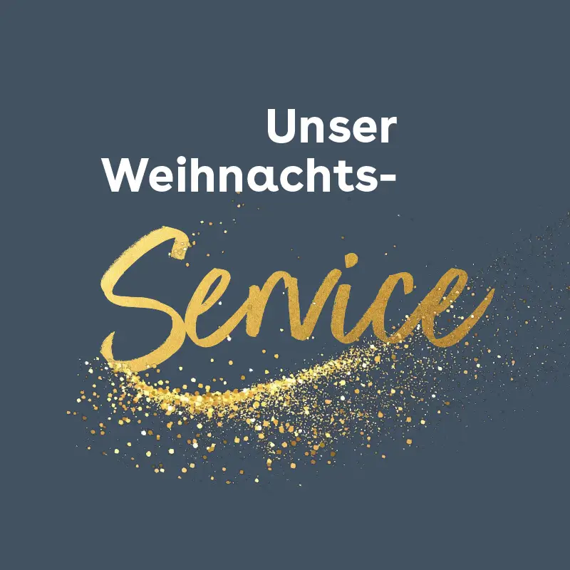 Goldglänzender Schriftzug „Unser Weihnachts-Service“ mit festlichem Glitzereffekt auf dunkelblauem Hintergrund – für sorgenfreies Einkaufen zu Weihnachten