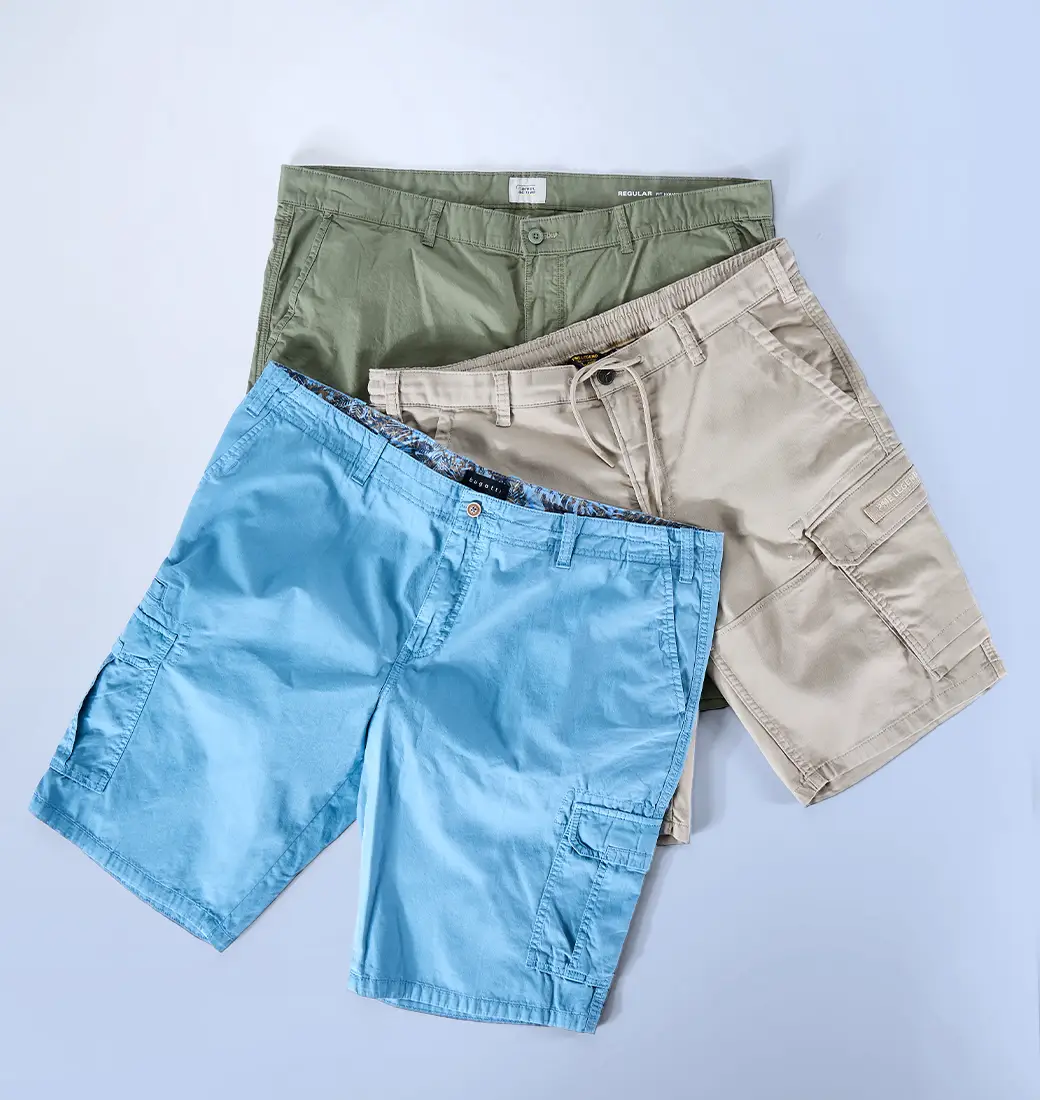 Herren-Shorts in Blau, Beige und Oliv für bequeme Sommerlooks in großen Größen