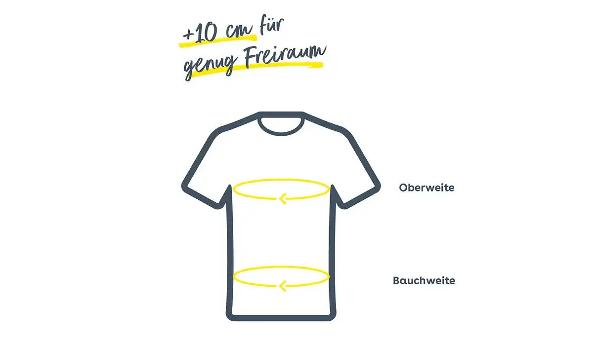 Schemazeichnung zur Oberweite und Bauchweite bei T-Shirts – Größenberatung mit +10 cm Spielraum