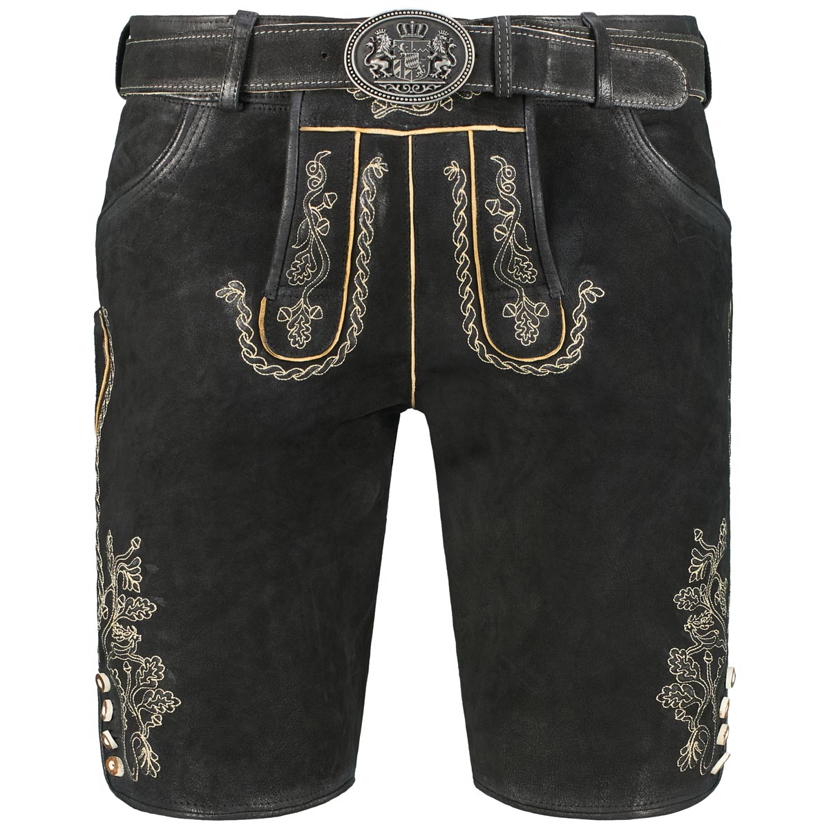 Kurze Lederhose mit Stickereien und Gürtel