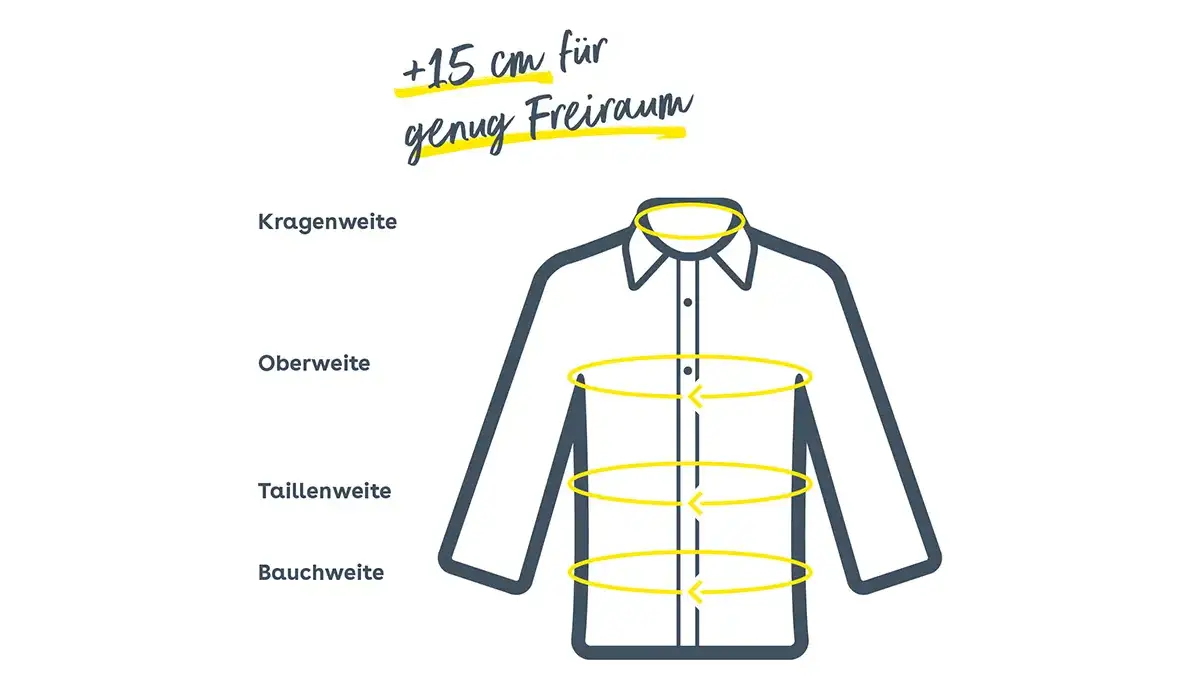 Schemazeichnung zur Kragen-, Ober-, Taillen- und Bauchweite – so findest Du die richtige Hemdgröße