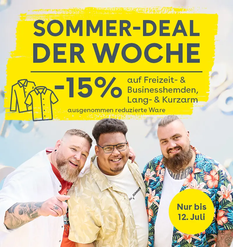 Sommer-Deal der Woche mit 15 % Rabatt auf Business- und Freizeithemden für starke Männer.