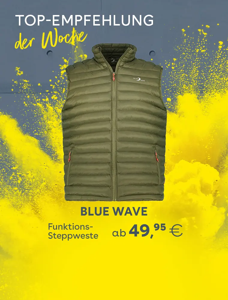 Funktions-Steppweste, wind- und wasserabweisend von Blue Wave als Top-Empfehlung der Woche vor gelbem Farbhintergrund, Preis ab 49,95 €.