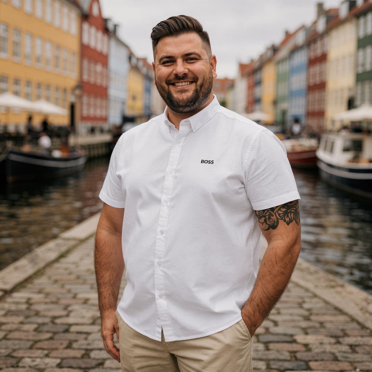 BOSS Jersey-Freizeithemd, knitterarm und atmungsaktiv weiß