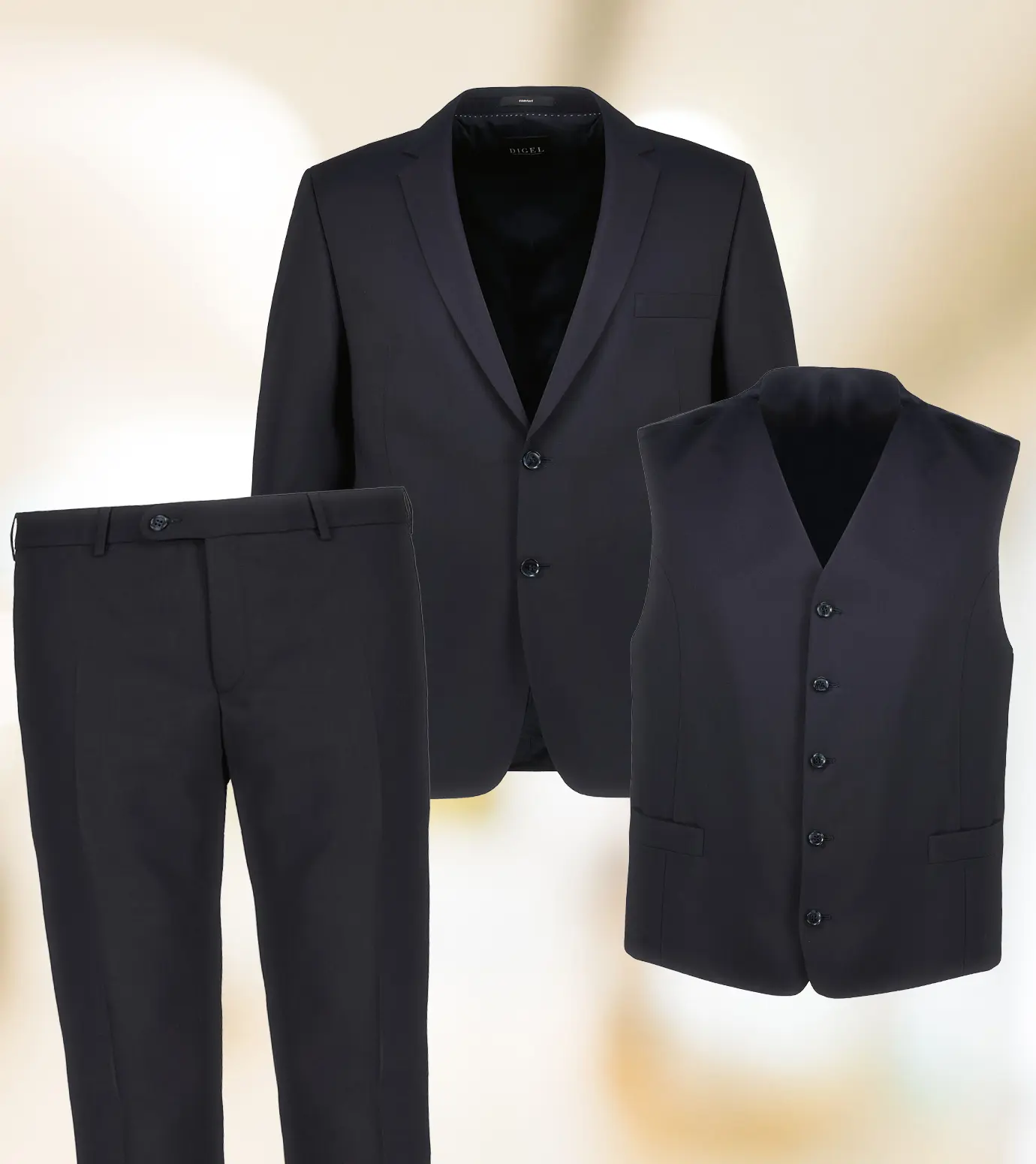 Das Digel Modell 1 als Baukasten-Anzug in Schwarz mit Sakko, Hose und Weste. Knitterresistent, fleckabweisend, flexibel kombinierbar oder einzeln erhältlich.