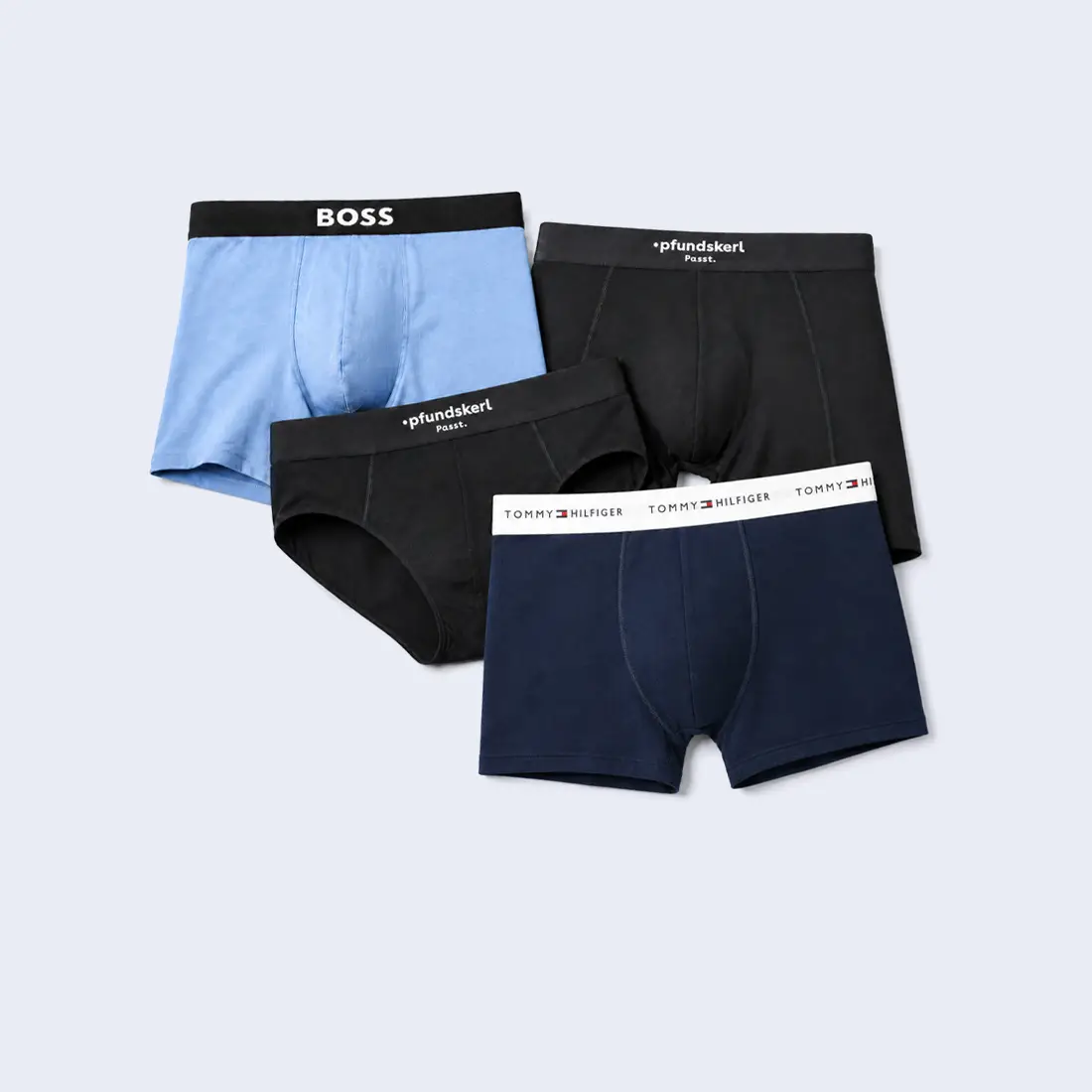 Verschiedene Herren-Unterhosen und Boxershorts in Blau, Schwarz und Dunkelblau von BOSS, Tommy Hilfiger und Pfundskerl für starke Männer in großen Größen