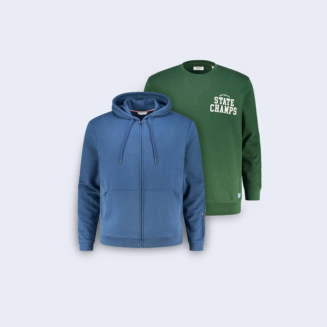 Blauer Hoodie und grünes Sweatshirt für Herren in großen Größen