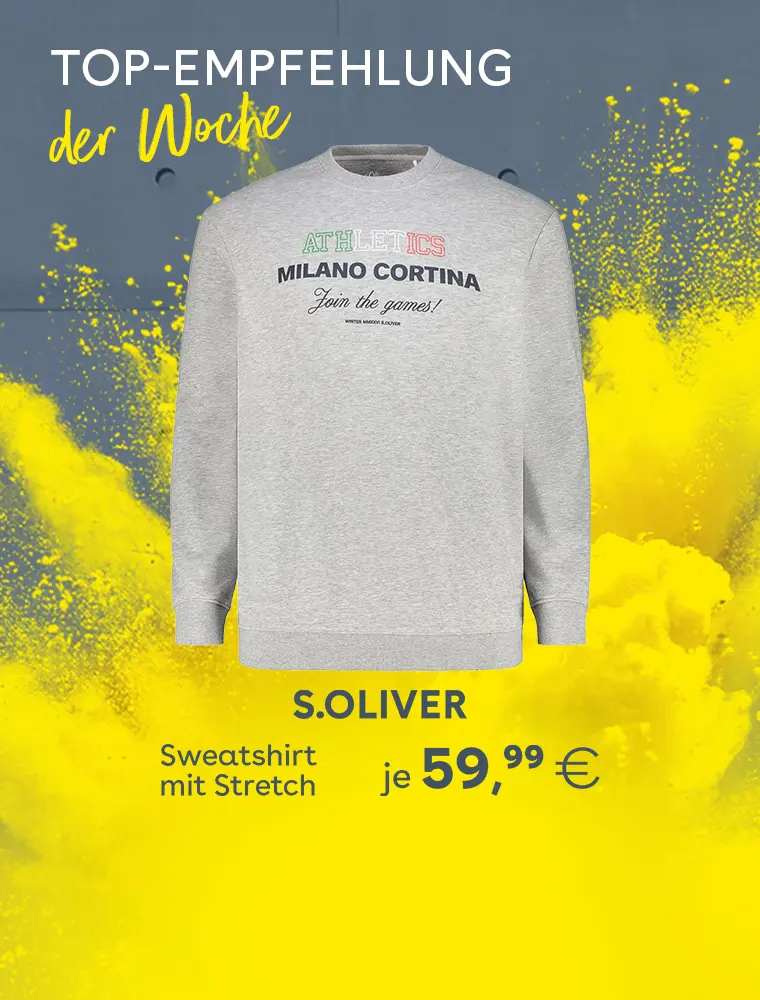 Sweatshirt mit Stretch von s.Oliver als Top-Empfehlung der Woche vor gelbem Farbhintergrund, Preis je 59,99 €.