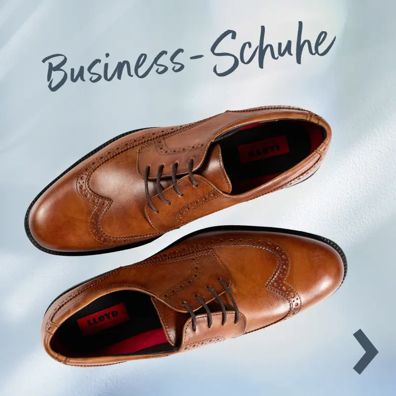 Braune Business-Schuhe aus Leder mit feiner Naht und Schnürung auf hellem Hintergrund. Schriftzug „Business-Schuhe“ verweist auf die entsprechende Kategorie.