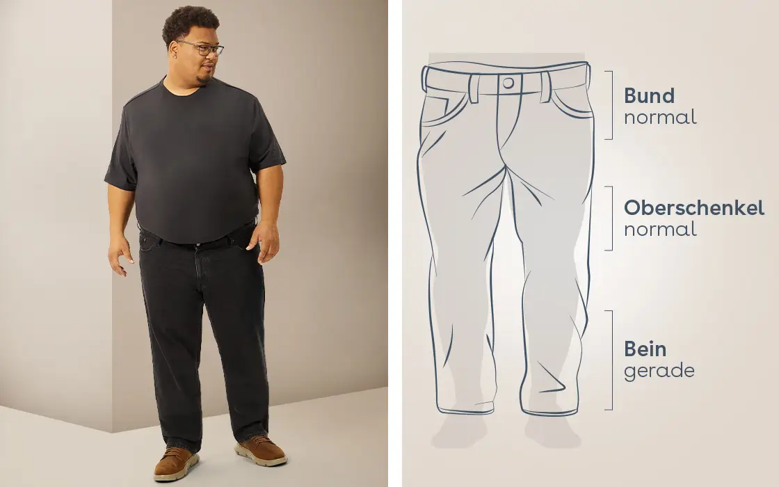 Mann in großer Größe mit Regular Fit Hose, normaler Bund, normaler Oberschenkel und gerades Bein für bequemen Sitz bei Pfundskerl