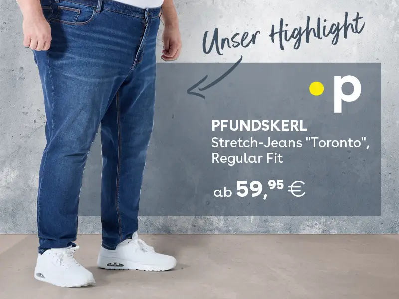 Mann trägt blaue Pfundskerl Stretch Jeans Toronto im Regular Fit