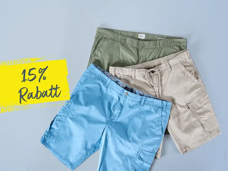 Herren-Shorts in Blau, Beige und Oliv mit 15 Prozent Rabatt für starke Männer in großen Größen
