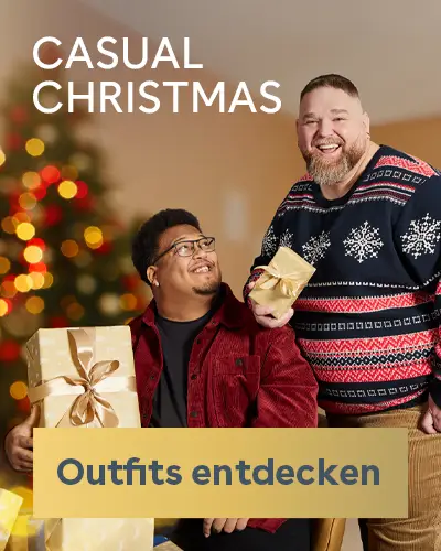 Zwei Männer in festlicher Freizeitmode mit Geschenken – gemütliche Weihnachtsoutfits für starke Typen