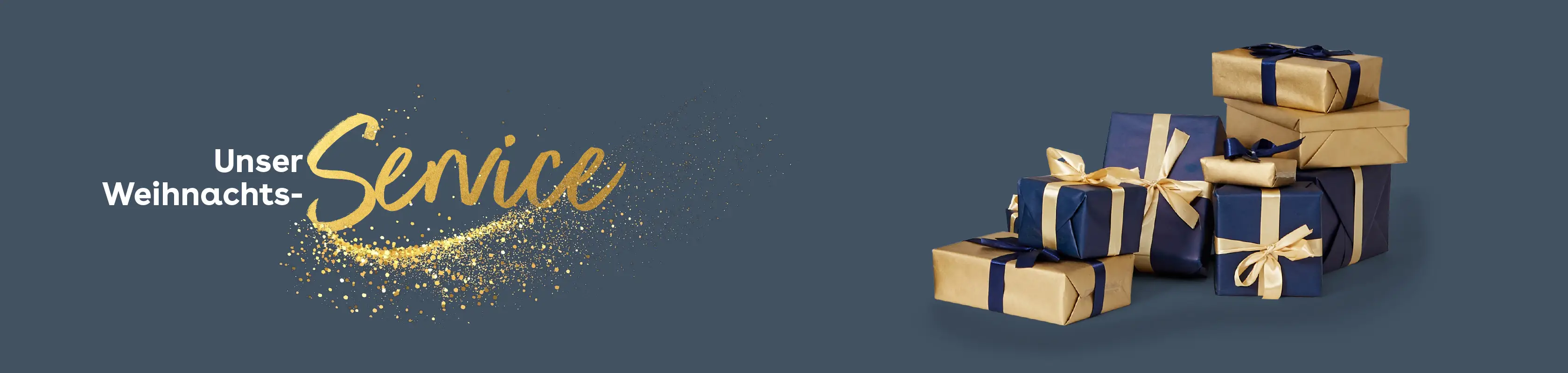 Stapel festlich verpackter Geschenke neben dem Schriftzug „Unser Weihnachts-Service“ auf dunkelblauem Hintergrund – festliche Services bei Pfundskerl für entspannte Feiertage
