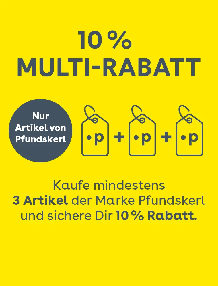 Gelbes Aktionsbanner mit Hinweis auf 10 Prozent Rabatt beim Kauf von mindestens 3 Artikel der Marke Pfundskerl, dargestellt mit Symbolgrafiken