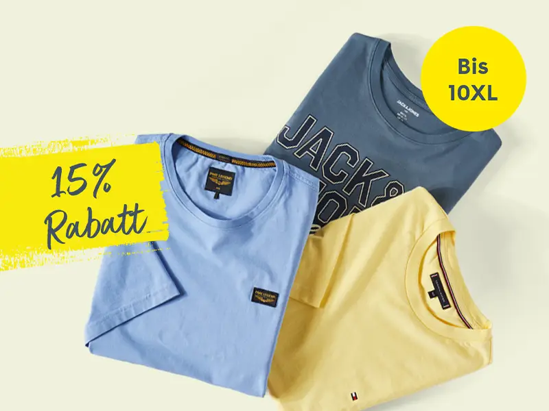 Gefaltete T-Shirts in Blau, Gelb und Dunkelblau mit 15 Prozent Rabatt für Herren in großen Größen bis 10XL