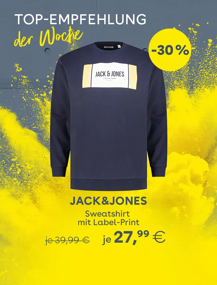Dunkelblaues Jack & Jones Sweatshirt mit großem Label-Print auf der Brust vor gelbem Aktionshintergrund mit Rabatt-Hinweis