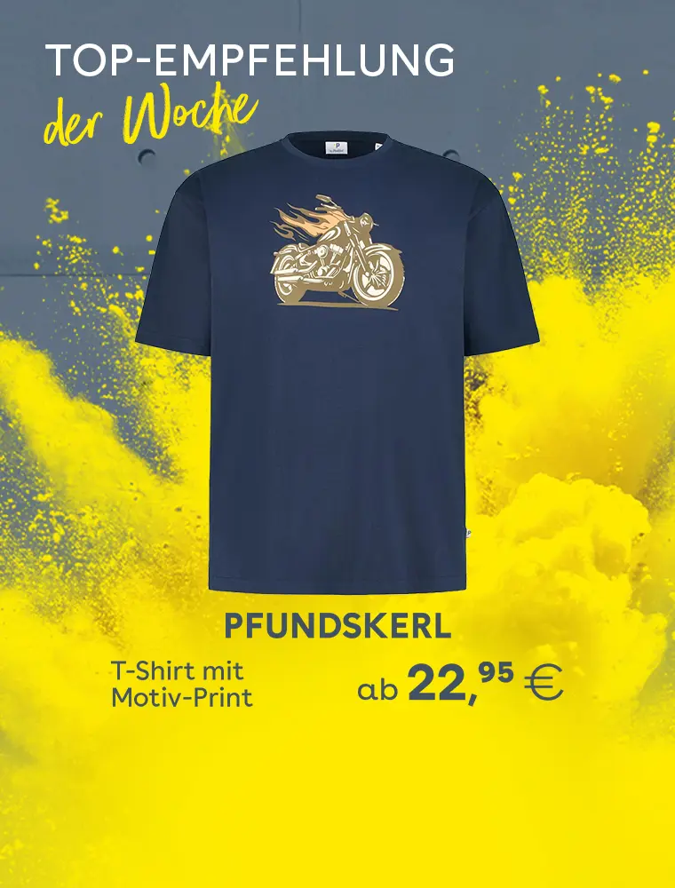 T-Shirt mit Motiv-Print von Pfundskerl als Top-Empfehlung der Woche vor gelbem Farbhintergrund, Preis ab 22,95 €.