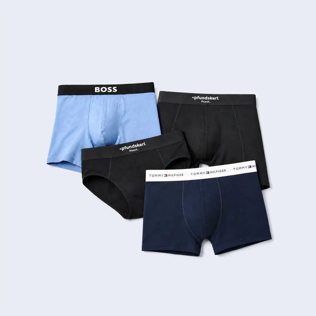 Verschiedene Herren-Unterhosen und Boxershorts in Blau, Schwarz und Dunkelblau von BOSS, Tommy Hilfiger und Pfundskerl für starke Männer in großen Größen