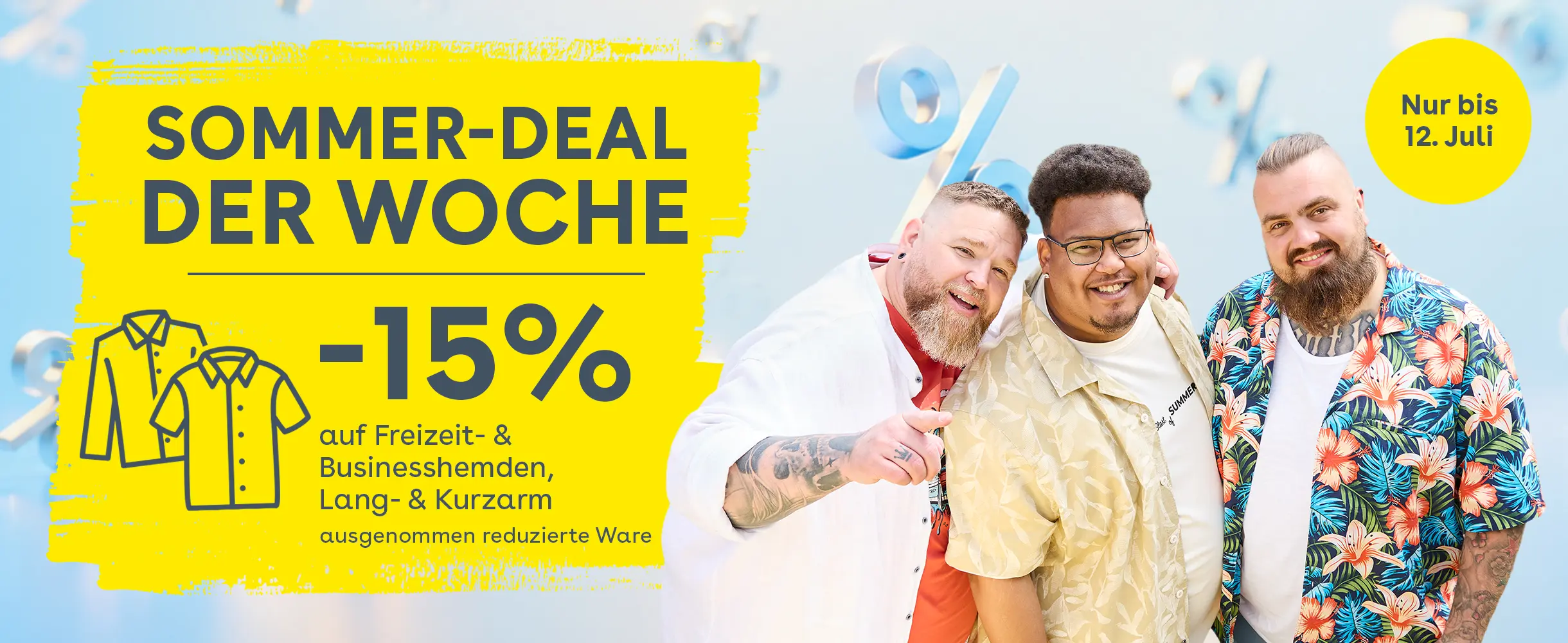 Sommer-Deal der Woche mit 15 % Rabatt auf Business- und Freizeithemden für starke Männer.