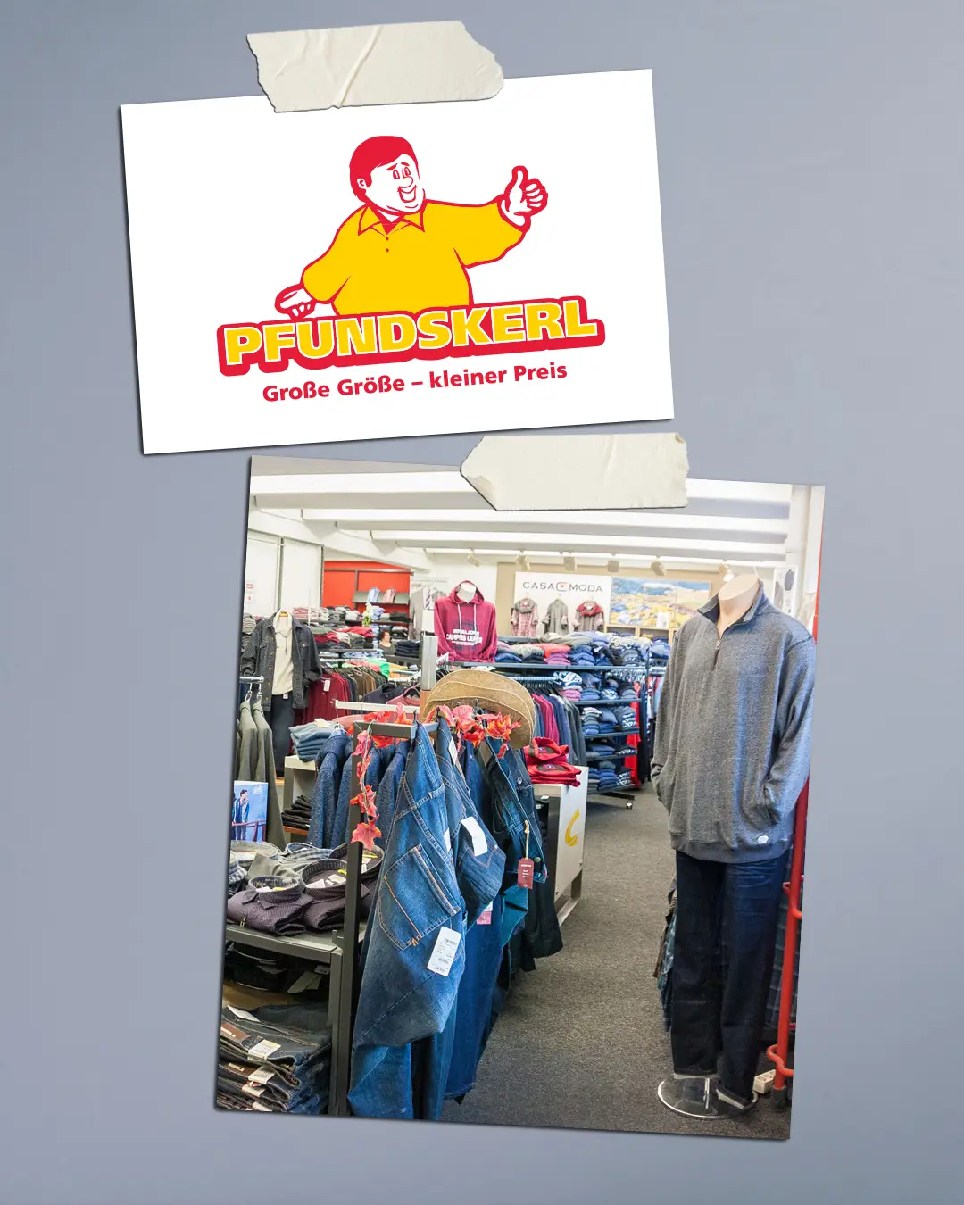 Früheres Pfundskerl Logo und Aufnahme des Ladengeschäfts mit Herrenmode in großen Größen in den 2000er Jahren.