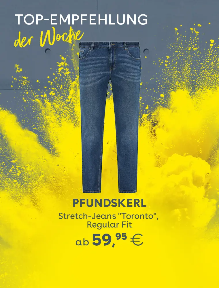 Stretch-Jeans "Toronto", Regular Fit von Pfundskerl als Top-Empfehlung der Woche vor gelbem Farbhintergrund, Preis ab 59,95 €.