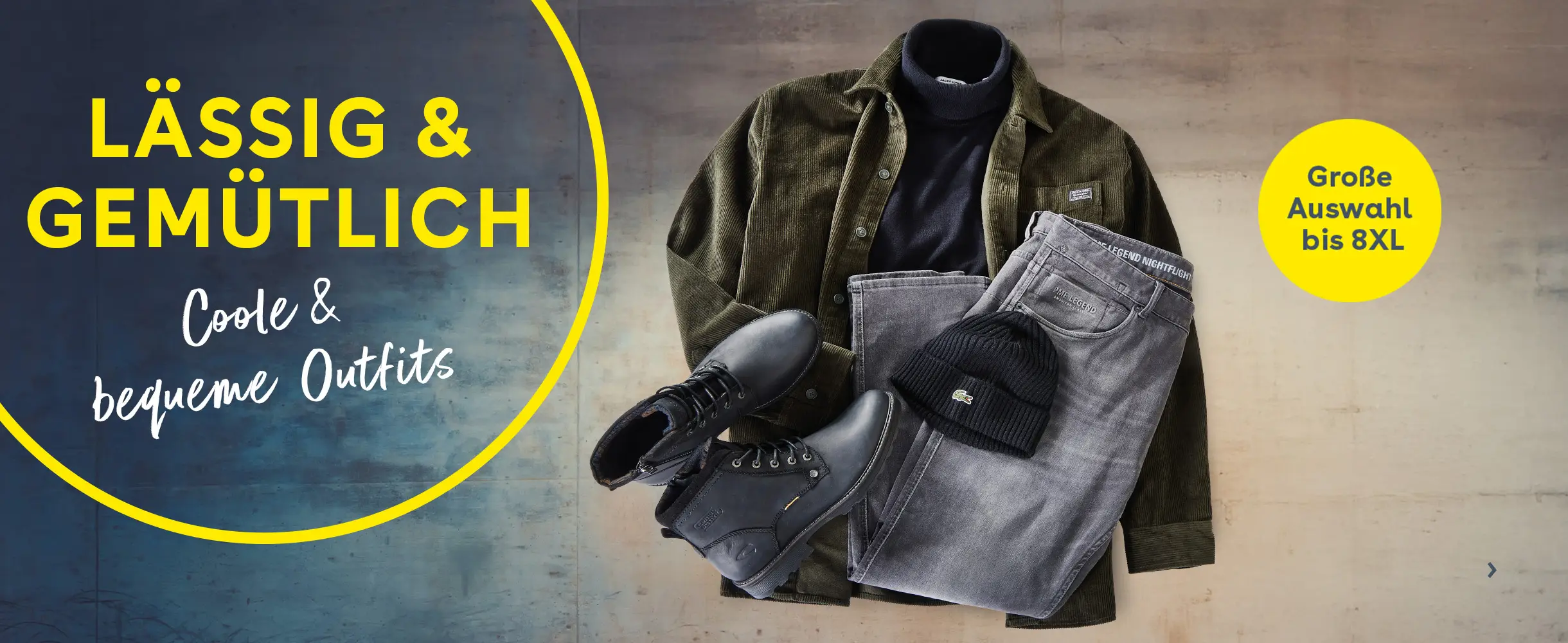 Lässiges Herren-Outfit in großen Größen bis 8XL mit Hemd, Jeans, Boots und Mütze.