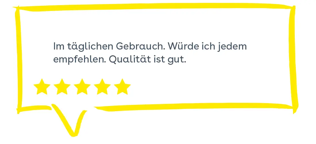 Sprechblase: Im täglichen Gebrauch. Würde ich jedem empfehlen. Qualität ist gut. 