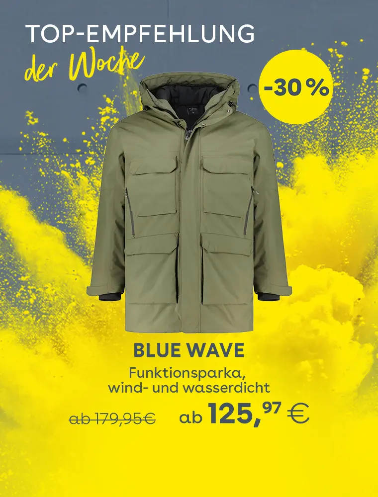 Funktionsparka, wind- und wasserdicht als Top-Empfehlung der Woche vor gelbem Farbhintergrund, 30 % reduziert, Preis ab 125,97 € statt 179,95 €.