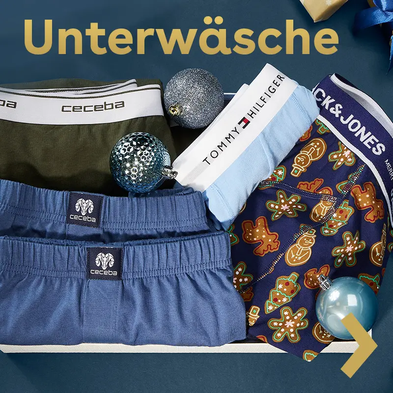 Unterwäsche von Ceceba, Tommy Hilfiger und Jack & Jones in Blau und Musteroptik dekoriert mit Weihnachtskugeln.