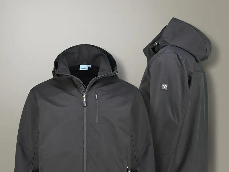 Schwarze Softshelljacke in großen Größen mit Kapuze in Vorder- und Seitenansicht für funktionale Outdoor Looks.