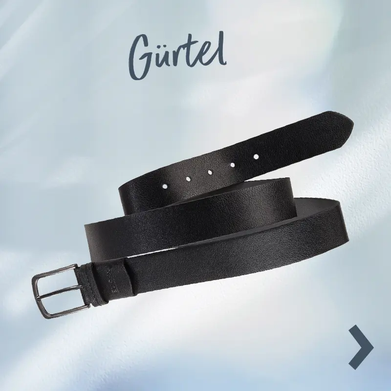 Schwarzer Ledergürtel mit Metallschnalle, spiralig gerollt. Schriftzug „Gürtel“ und Pfeil nach rechts verweisen auf die Gürtel-Kategorie.