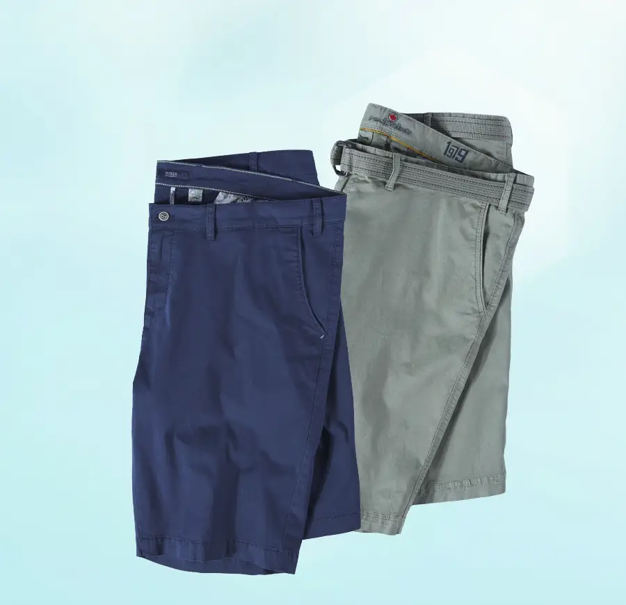 Zwei Chinoshorts in Blau und Grau – Herrenmode in großen Größen