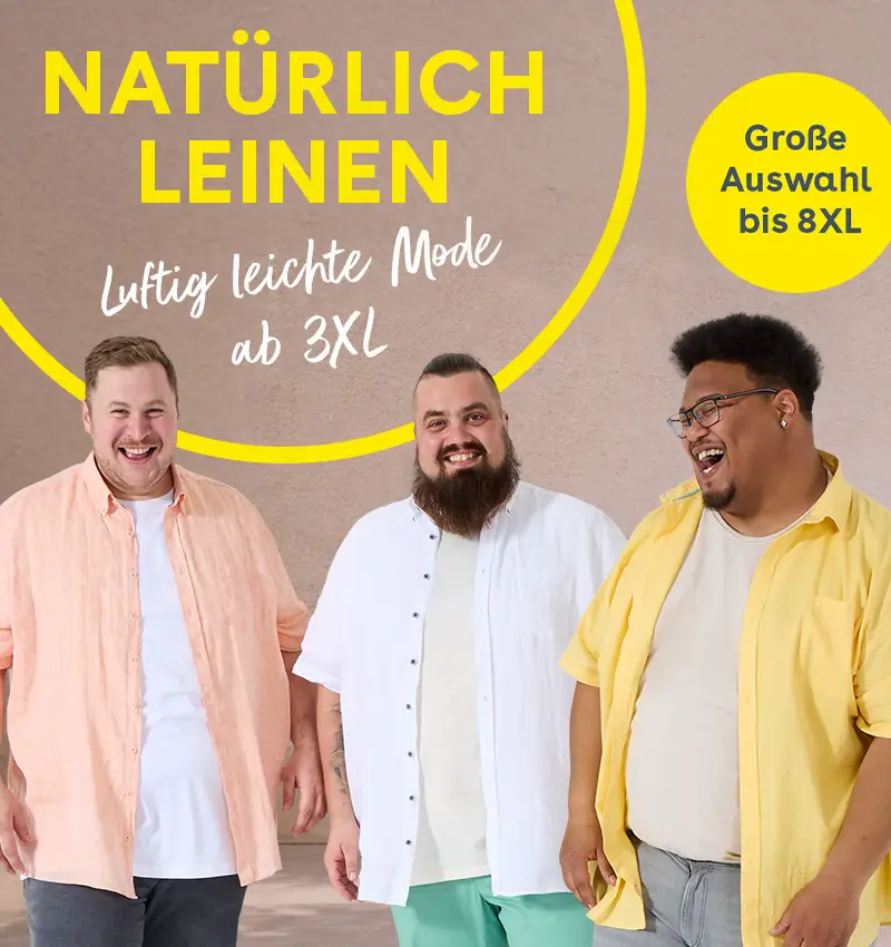 Drei starke Männer zeigen sommerliche Leinenmode in großen Größen ab 3XL bis 8XL von Pfundskerl.