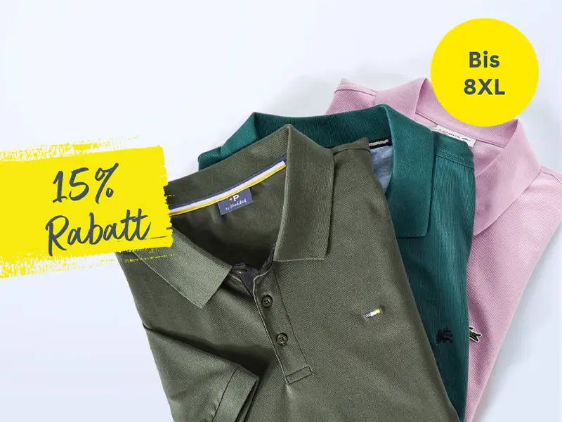 Gefaltete Poloshirts in Oliv, Grün und Rosa mit 15 Prozent Rabatt für Herren in großen Größen bis 8XL