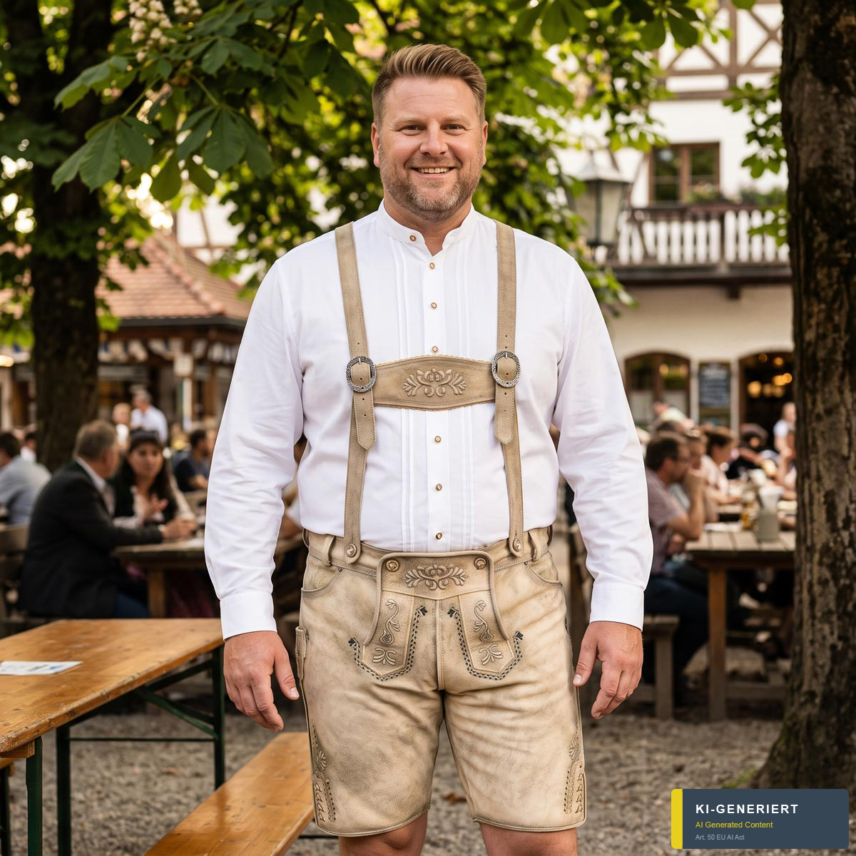 Pfundskerl Lederhose mit Träger und Stickerei beige